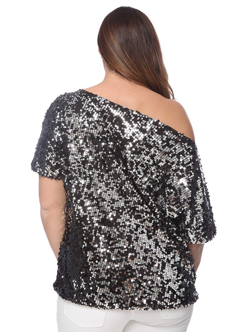 Anna-Kaci Women's Plus Size Sequin Sexy One Shoulder Short Sleeve Party Club Top, Black and Silver, 2X-Large - Image 2